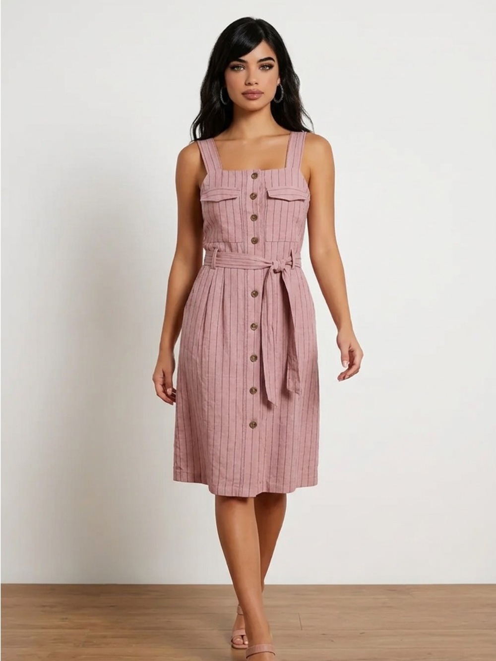 HYFVE Pinstripe Button-Down Belted Midi Dress with Pockets in Rose